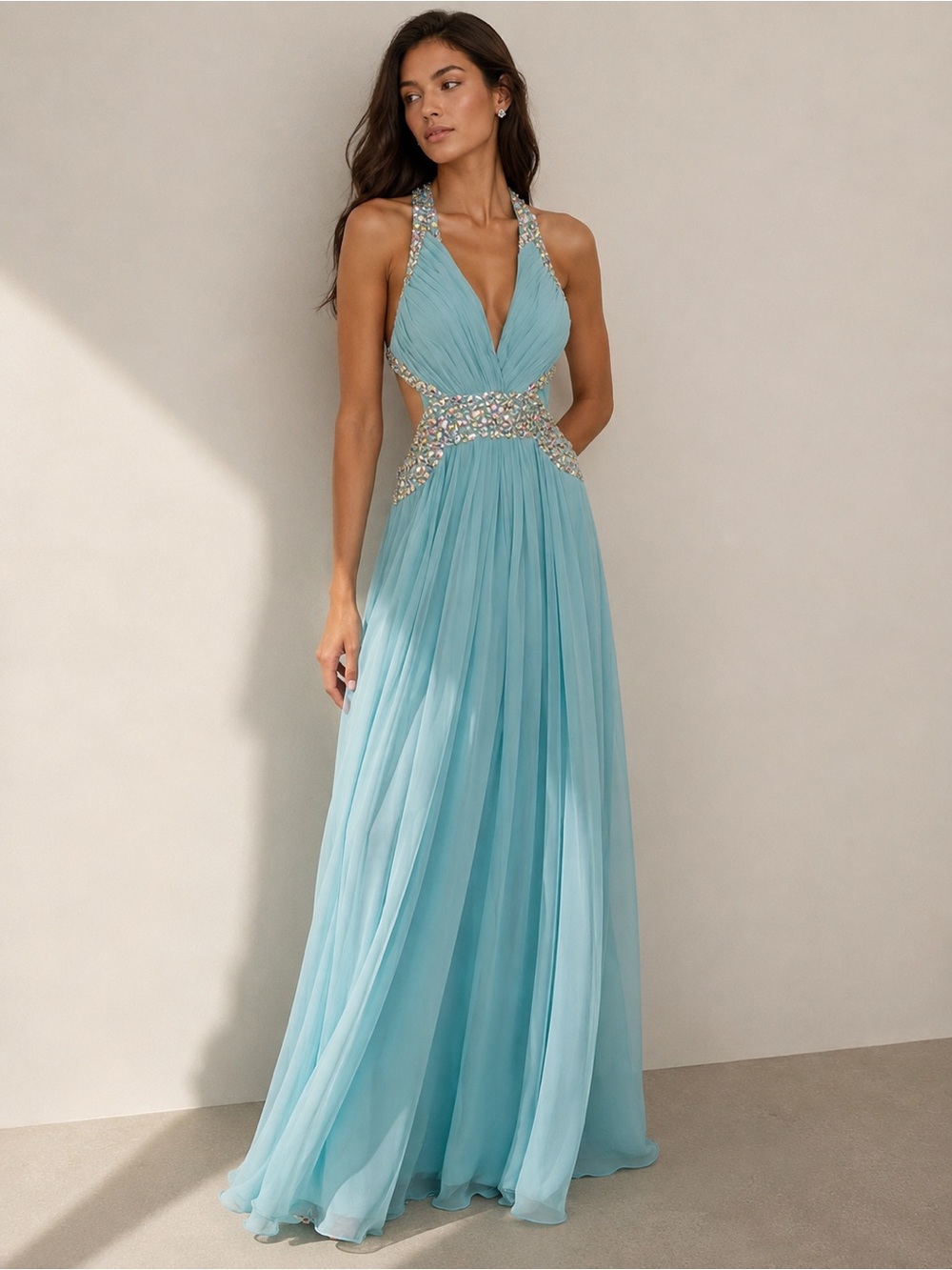 La Femme Sky Blue Embellished Halter Evening Gown | Size 16